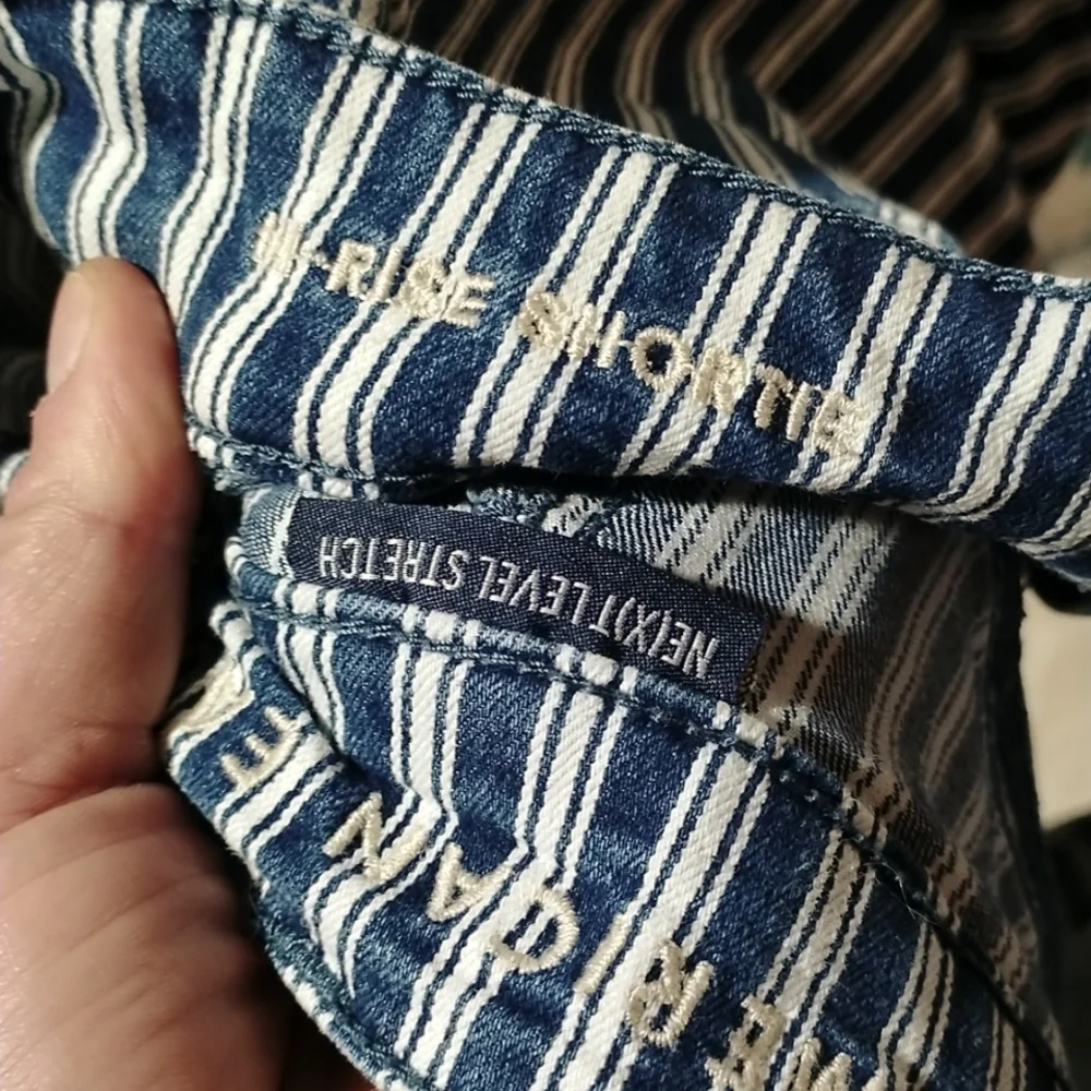 American Eagle Outfitters Navy and White Striped High-Rise Denim Shorts